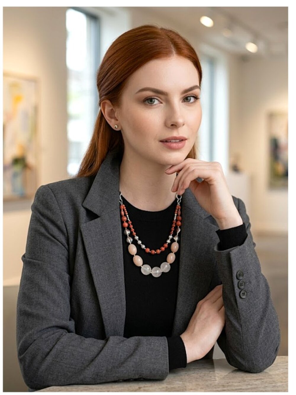 (3 for $15) NECKLACE - Beaded, peach/orange/silver